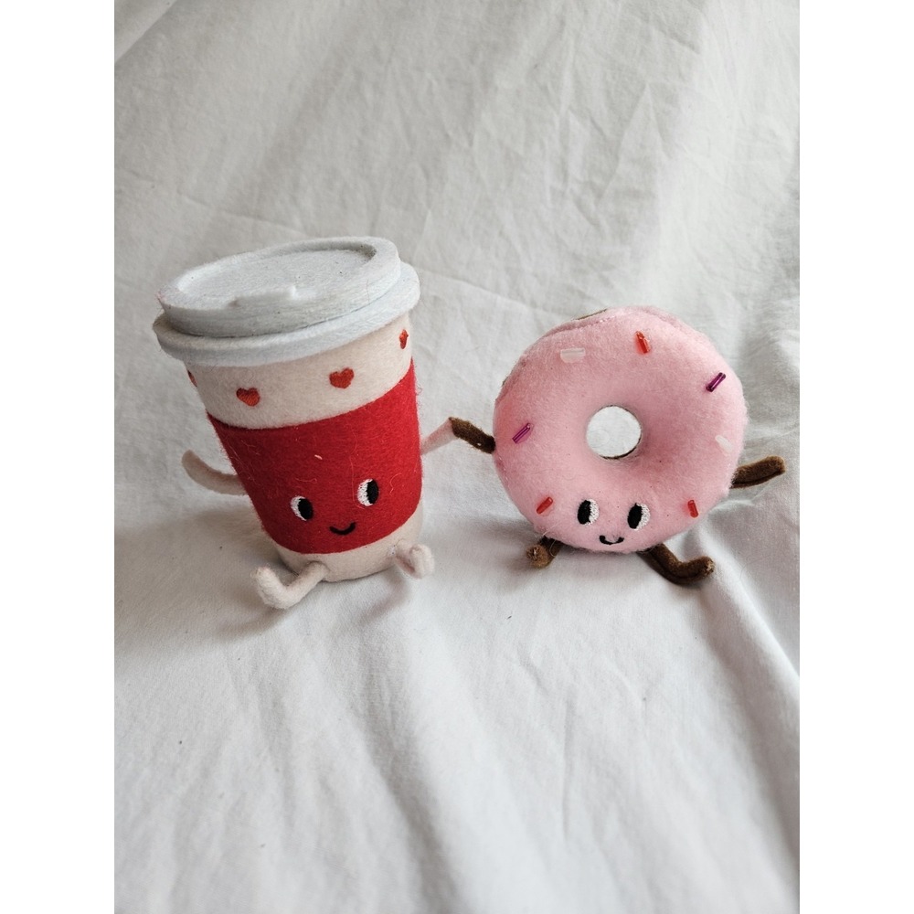 Felt Coffee Cup & Donut‎ Figurines, Food & Drink Theme, Red White Pink Brown